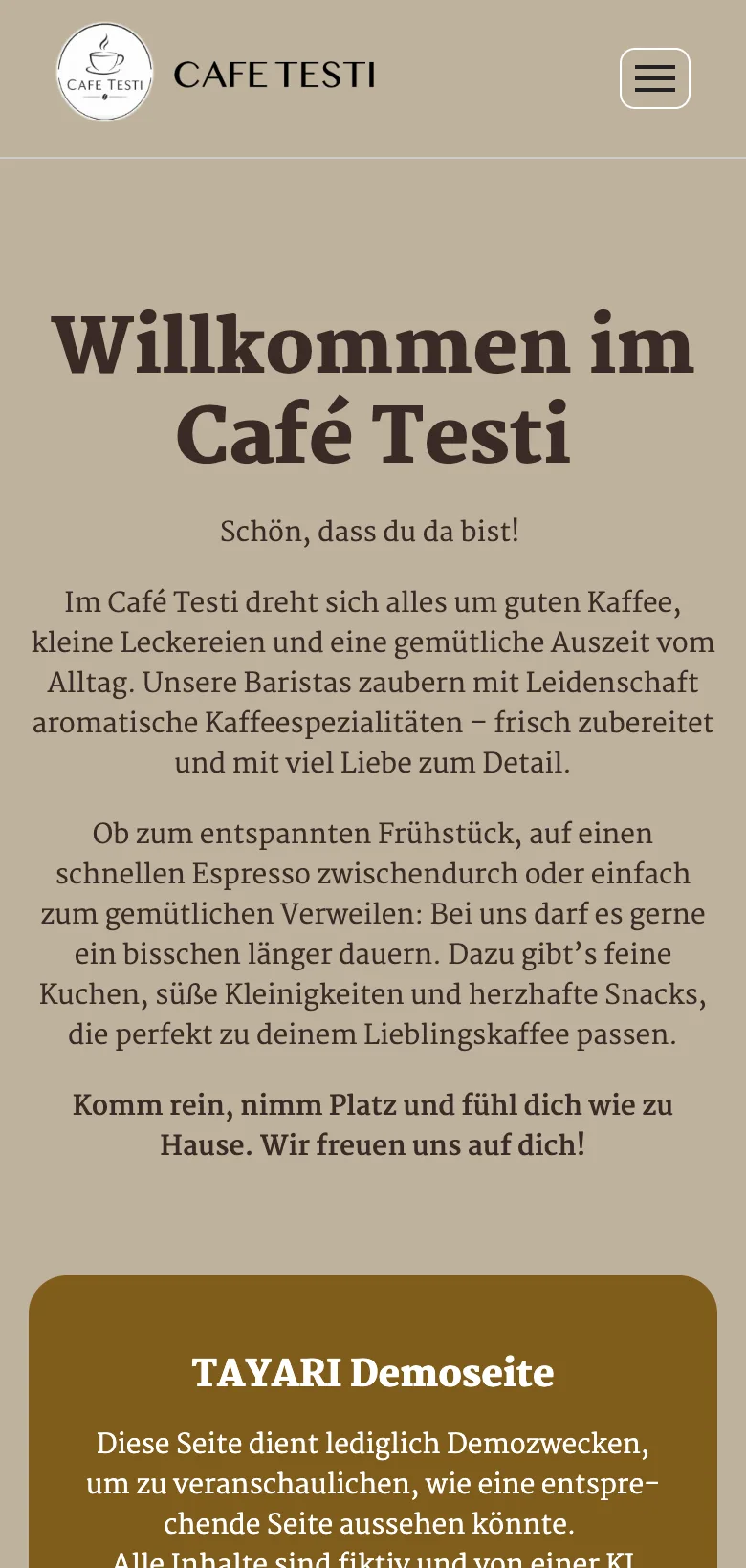 Café Testi – Smartphone-Ansicht