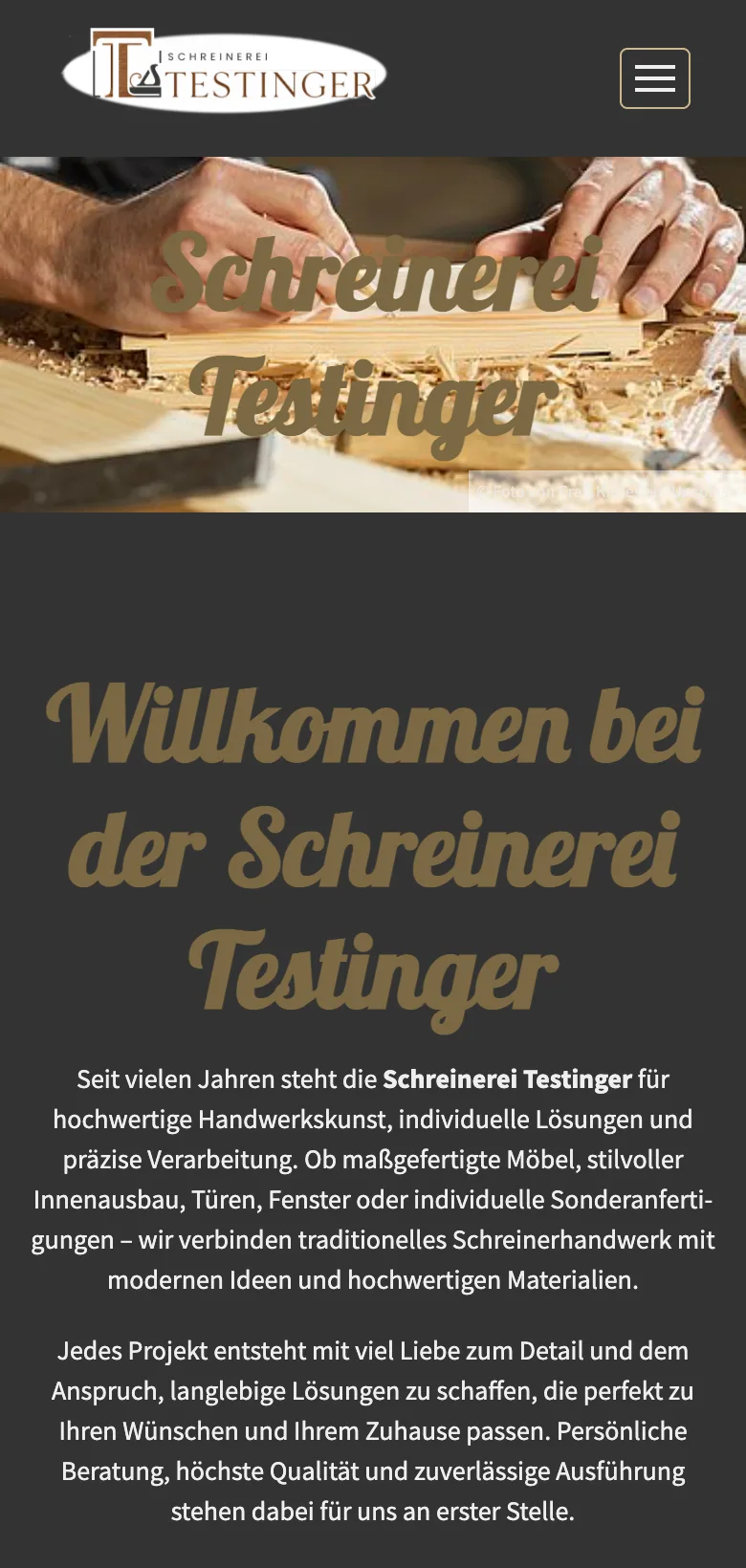 Schreinerei Testinger – Smartphone-Ansicht